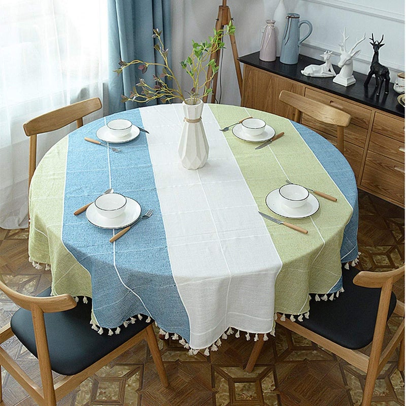 Dimatic Heavy Weight Cotton Linen Tablecloth, Plaid Tassel Round Table Cover for Kitchen Dining Room Tabletop Decorations, Round - 78", Blue Green - Image 3